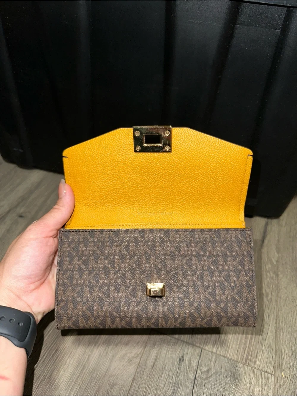 Michael Kors Brown Monogram Envelope Wallet with Gold Hardware